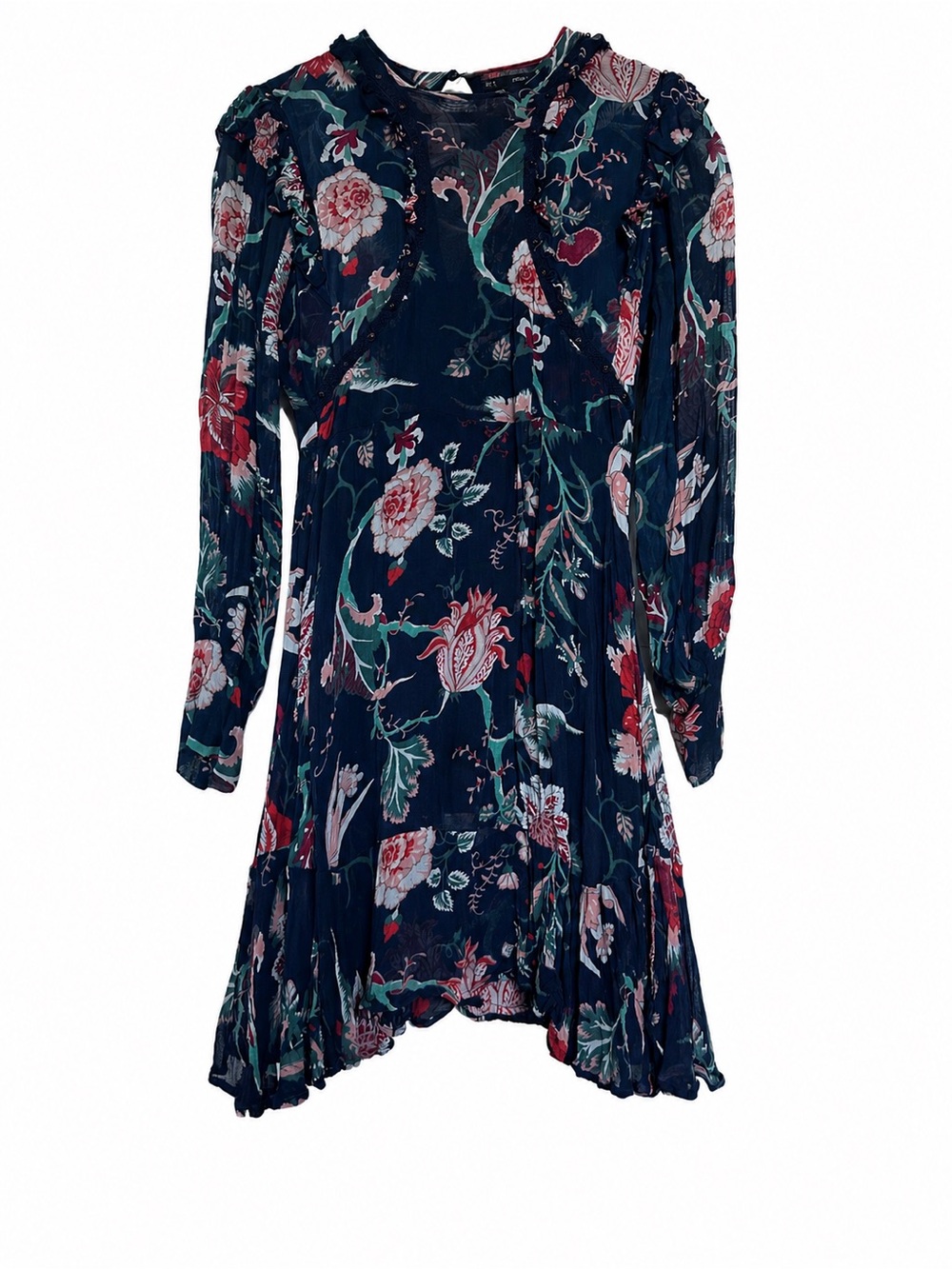 Navy Floral Long-Sleeve Ruffle Hem Dress